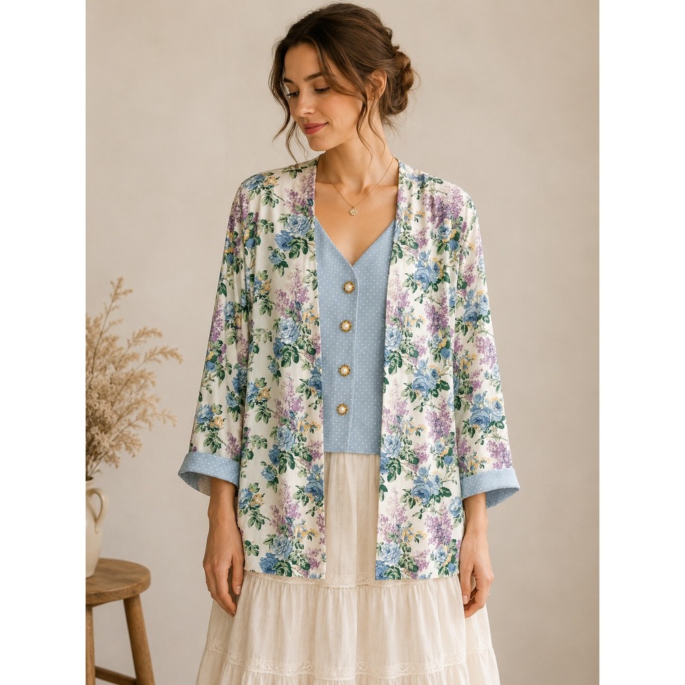 Cottagecore Granny Chic Romantic Floral Polka Dot Blouse Jacket Size M